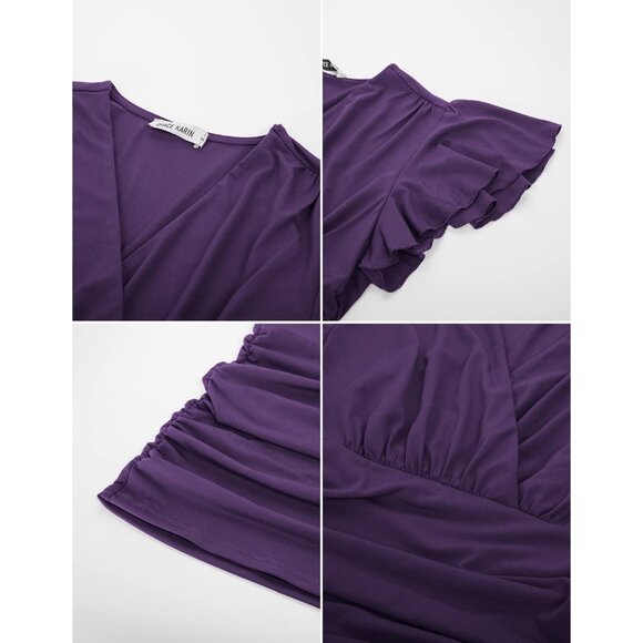 Women's Tops Summer Elegant Wrap Blouse V Neck Long Sleeve Casual Ruched Top - Picture 8 of 8